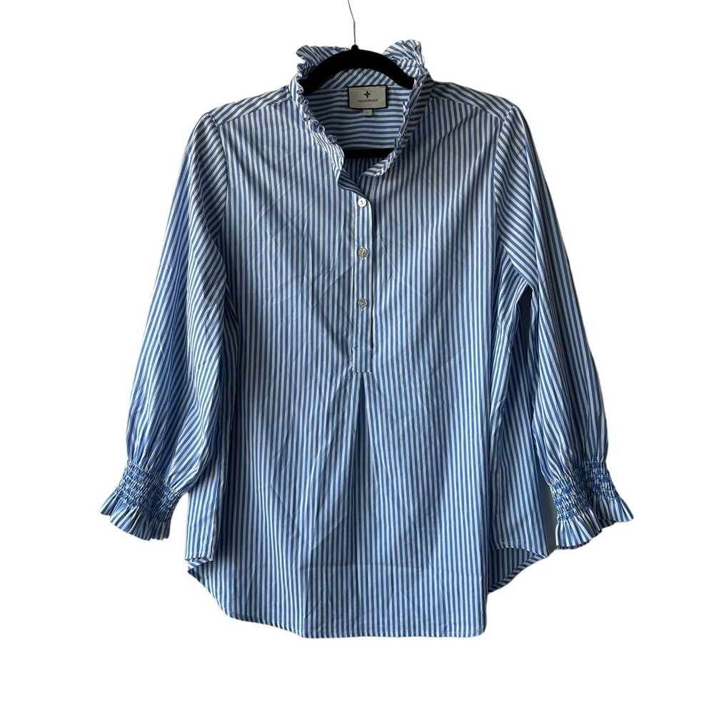 Tuckernuck Teagan Popover Top Blue White Stripe - Picture 2 of 5